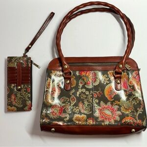 Patricia Nash Brown Paisley Floral Josselin Satchel Purse Handbag Wallet Set